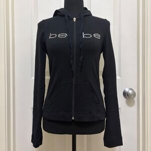 Vtg Y2K Bebe Zip Up Hoodie Sweatshirt XS S M L Black Rhinestone USA Made McBling